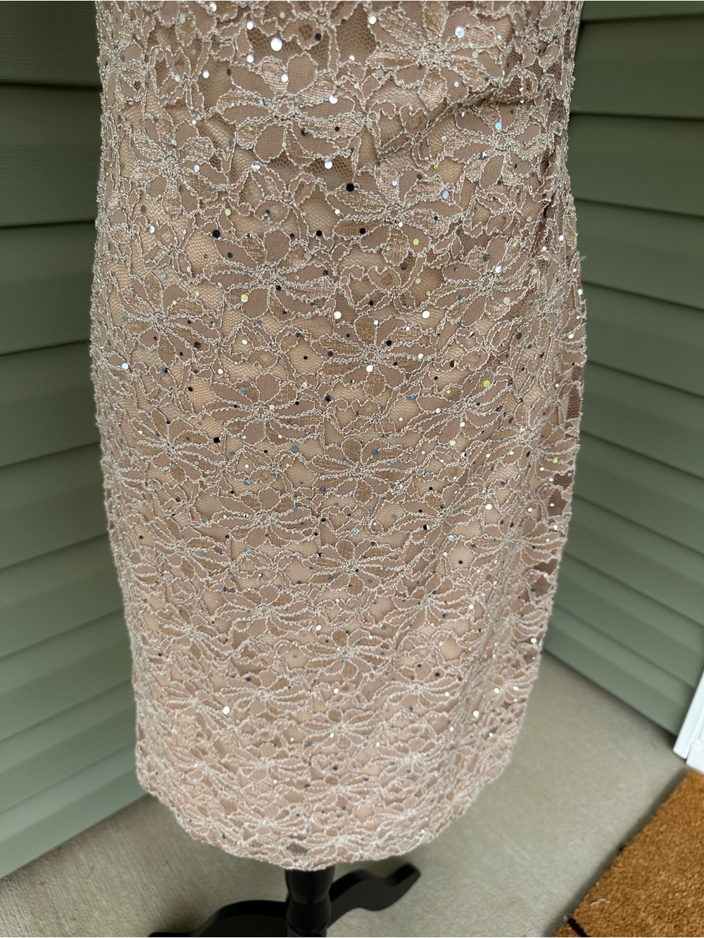 connected apparel Taupe Lace sparkly Cowl Neck Sheath Dress size 10 stretchy - Picture 7 of 13